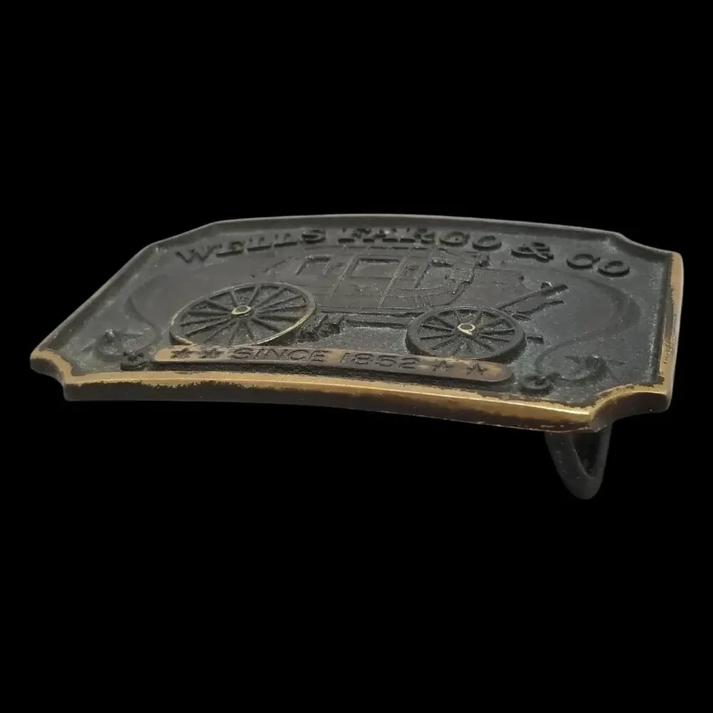 Vintage Belt Buckle 1975 Solid Brass Wells Fargo & Co Bank W/ Owner Registration